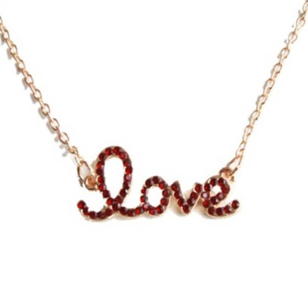 Red Pave Love Necklace 18K Gold Plated 16" - 19" Princess length rhinestones